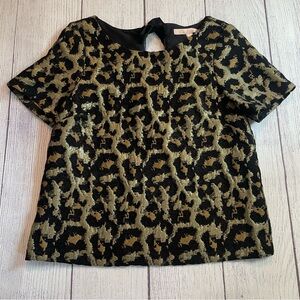 Anthropologie Hutch Short Sleeve Gold and Black Leopard Metallic Top Size Small